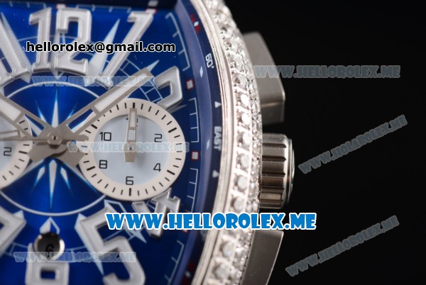Franck Muller Vanguard Miyota OS20 Quartz Steel Case with Blue Dial Blue Leather Strap Arabic Numeral Markers and Diamonds Bezel - Click Image to Close